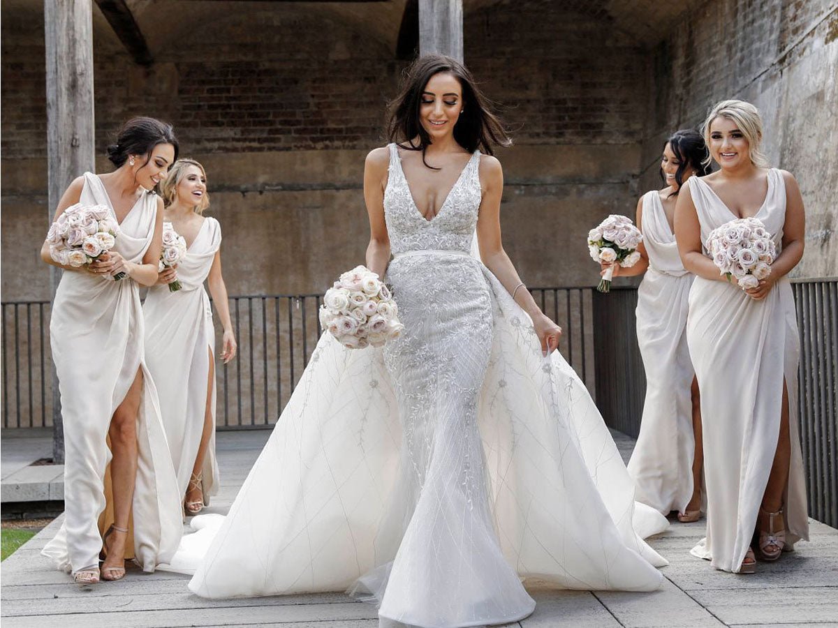Full Length Luxe Chiffon Long Champagne bridesmaid dresses UK with Sexy High Slit and Front Ruffles