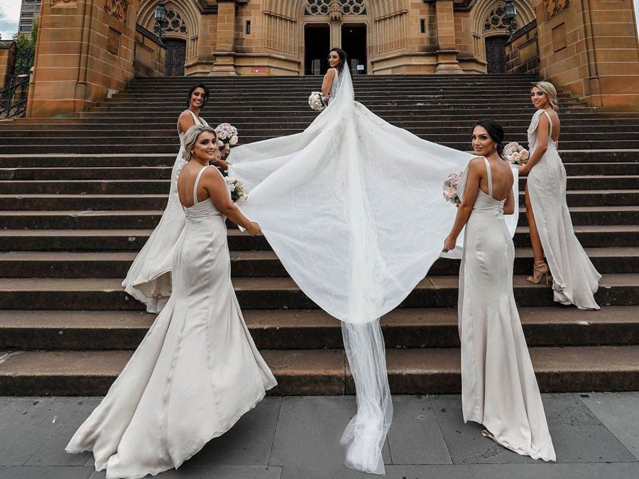 Full Length Luxe Chiffon Long Champagne bridesmaid dresses UK with Sexy High Slit and Front Ruffles