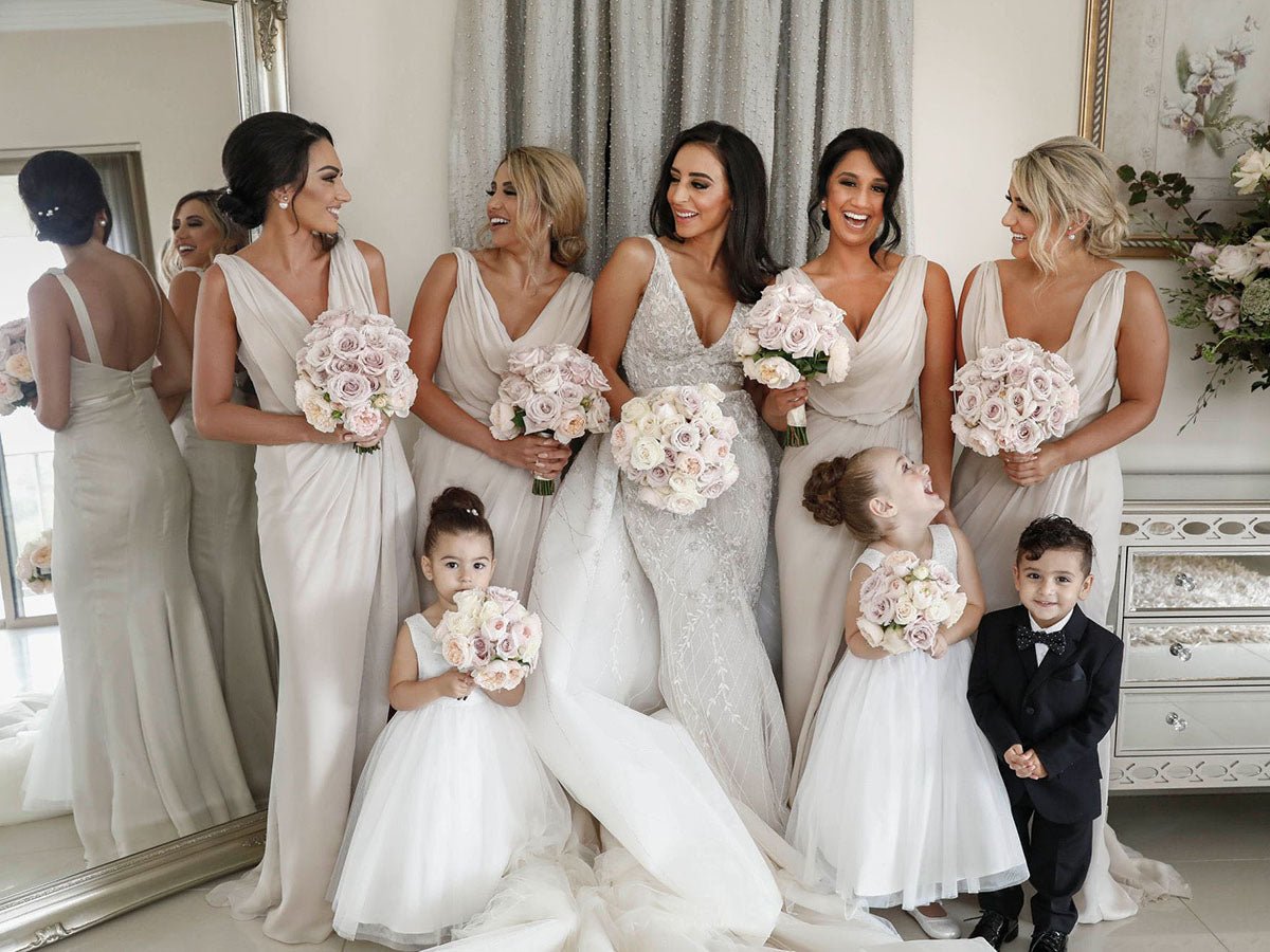 Full Length Luxe Chiffon Long Champagne bridesmaid dresses UK with Sexy High Slit and Front Ruffles