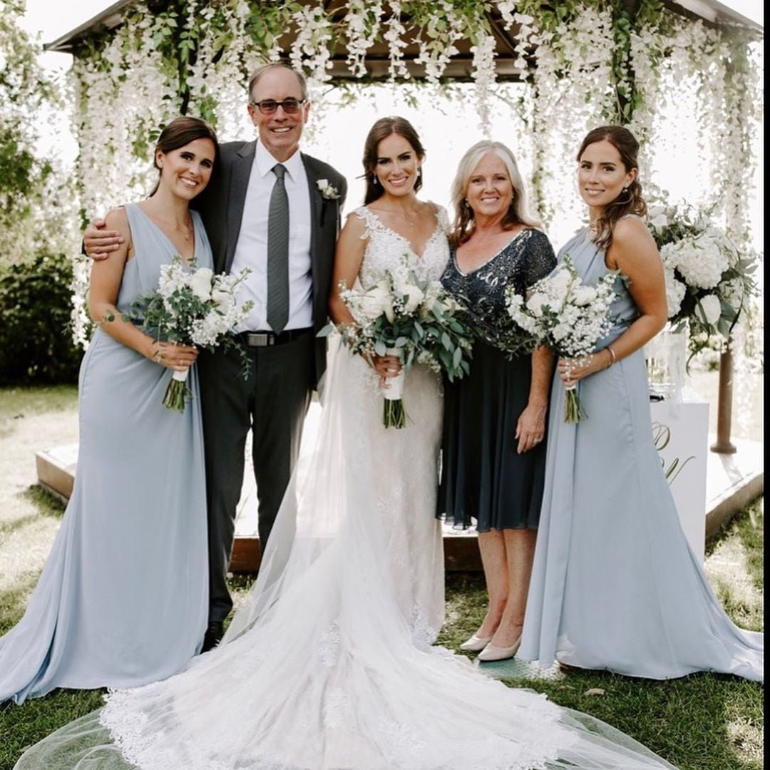 Dusty Blue Full Length Luxe Chiffon Long Champagne bridesmaid dresses UK with Sexy High Slit and Front Ruffles