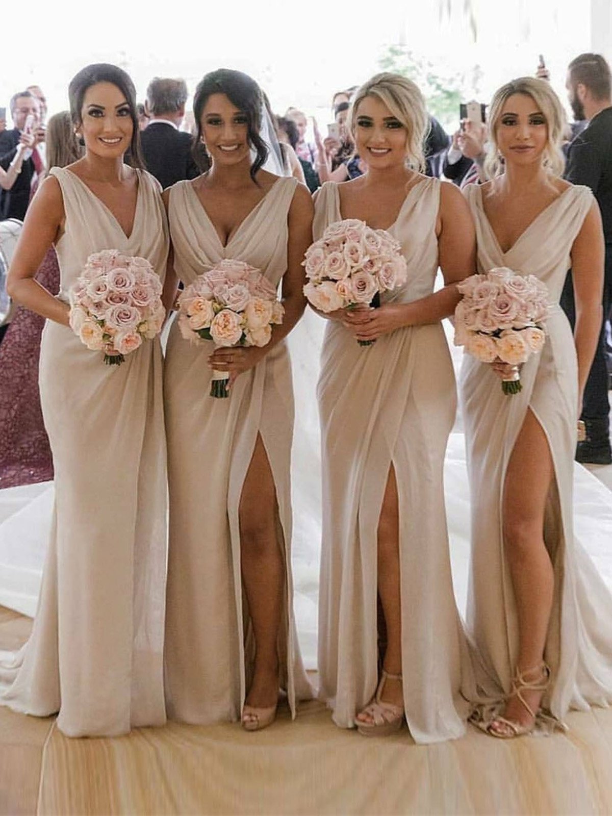 Champagne Full Length Luxe Chiffon Long Champagne bridesmaid dresses UK with Sexy High Slit and Front Ruffles